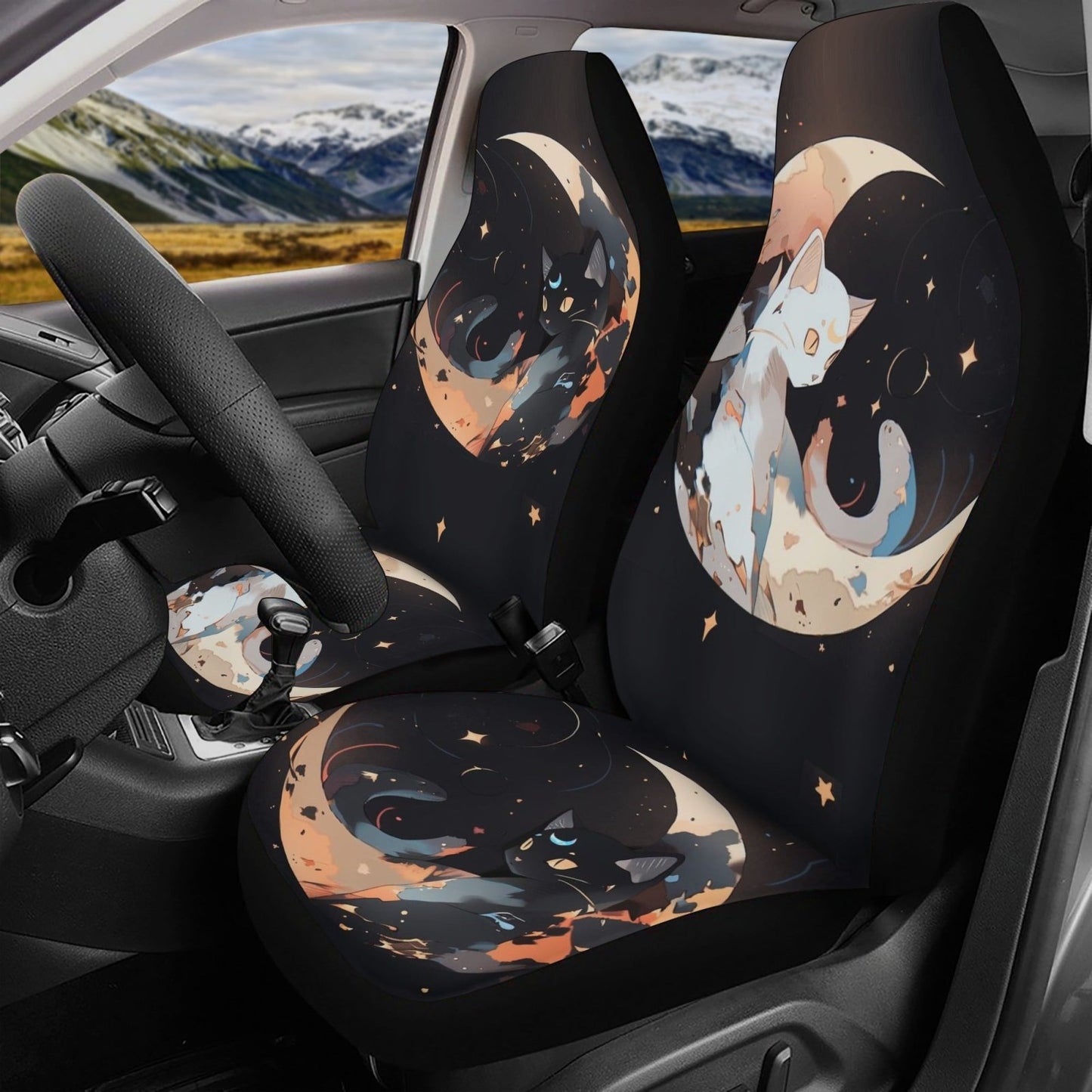 Anime Black White Moon Cats Car Seat Covers Full Set - sense forest