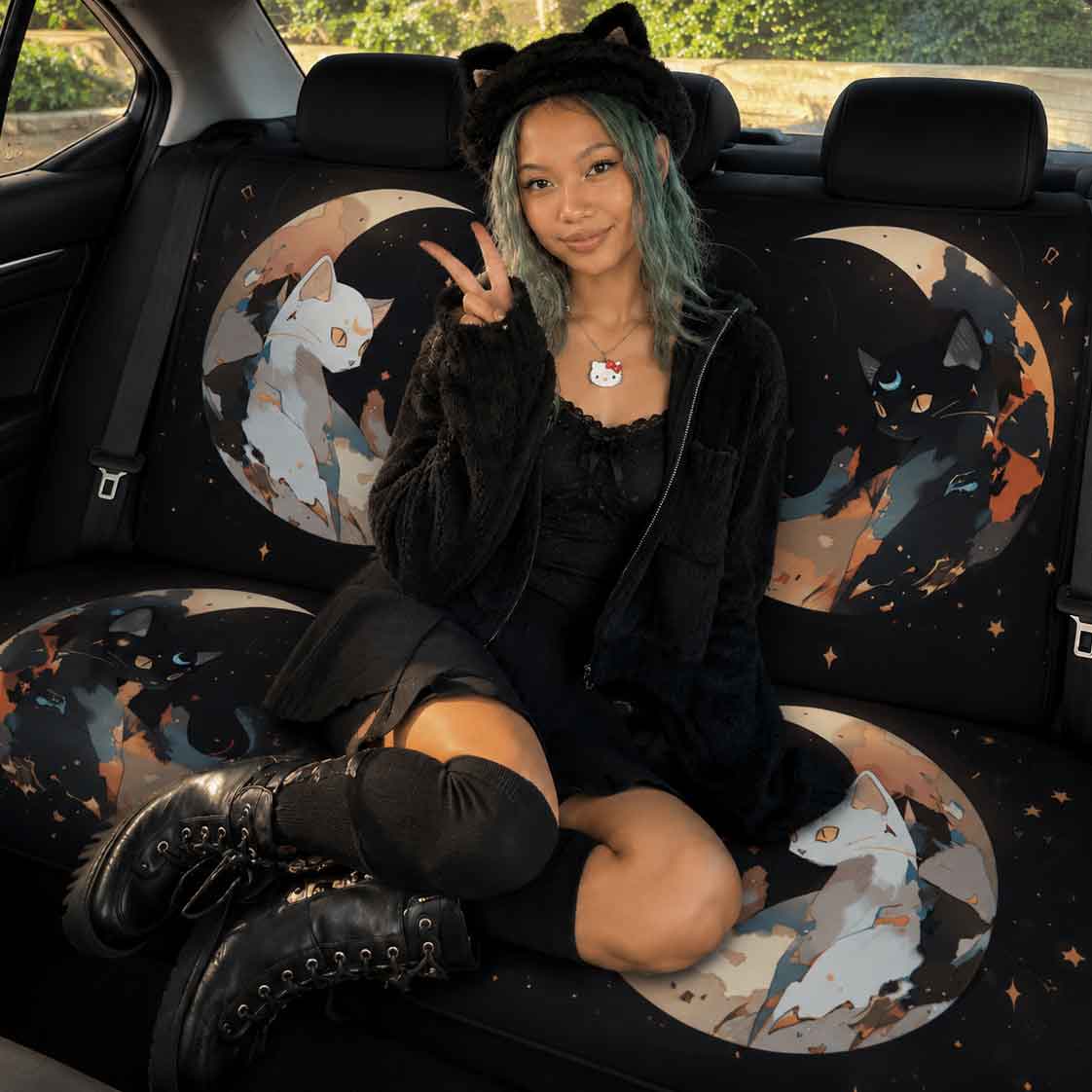 Anime Black White Moon Cats Car Seat Covers Full Set - sense forest