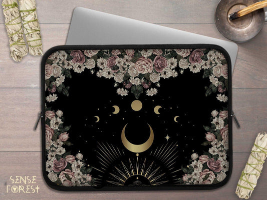 Black Cottagecore pale roses moon phase Occult witch laptop sleeve | Sense Forest - sense forest