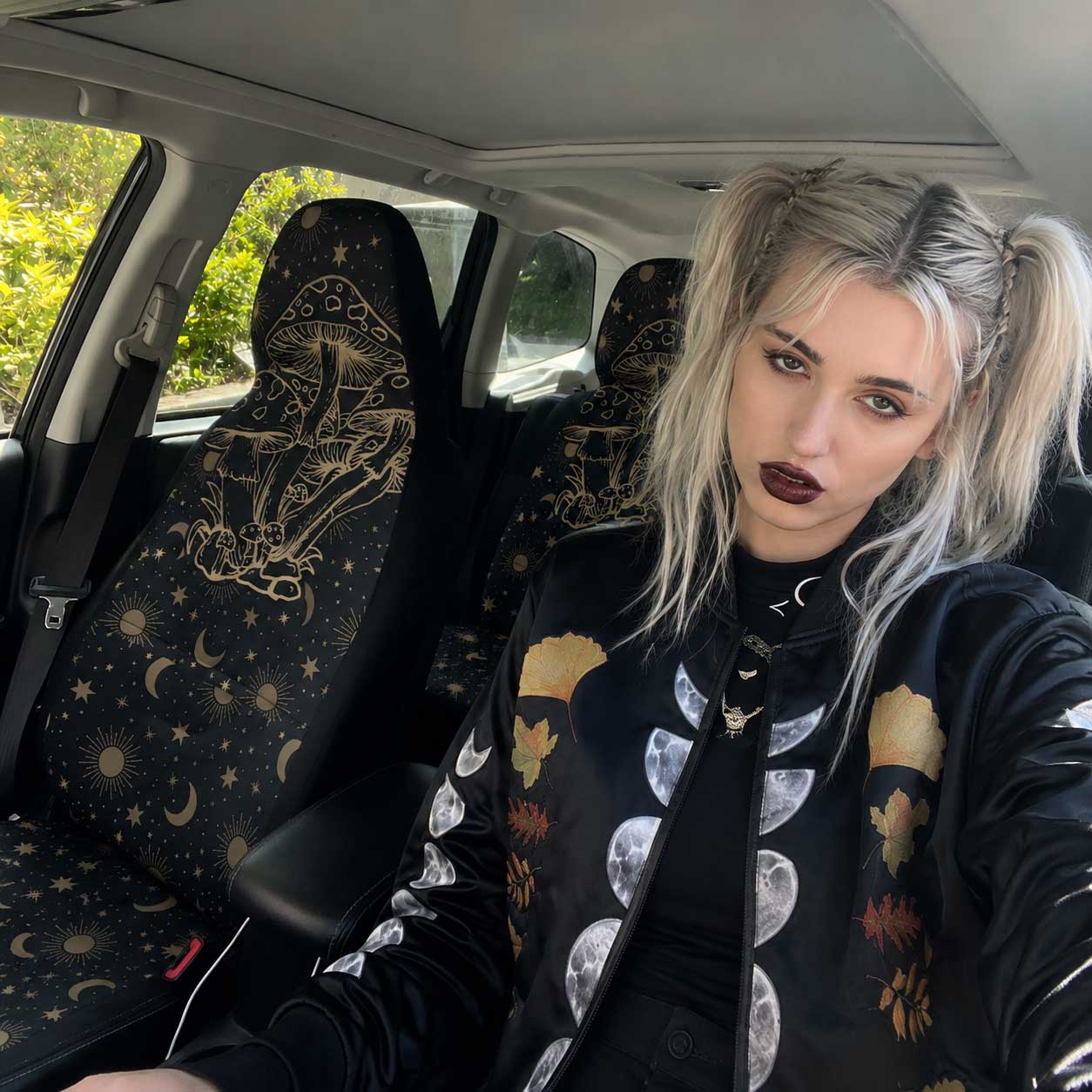 Black Gold Celestial Mushroom Car Seat Covers Set - sense forest