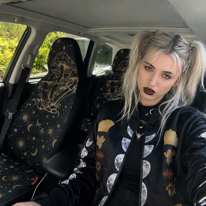 Black Gold Celestial Mushroom Car Seat Covers Set - sense forest