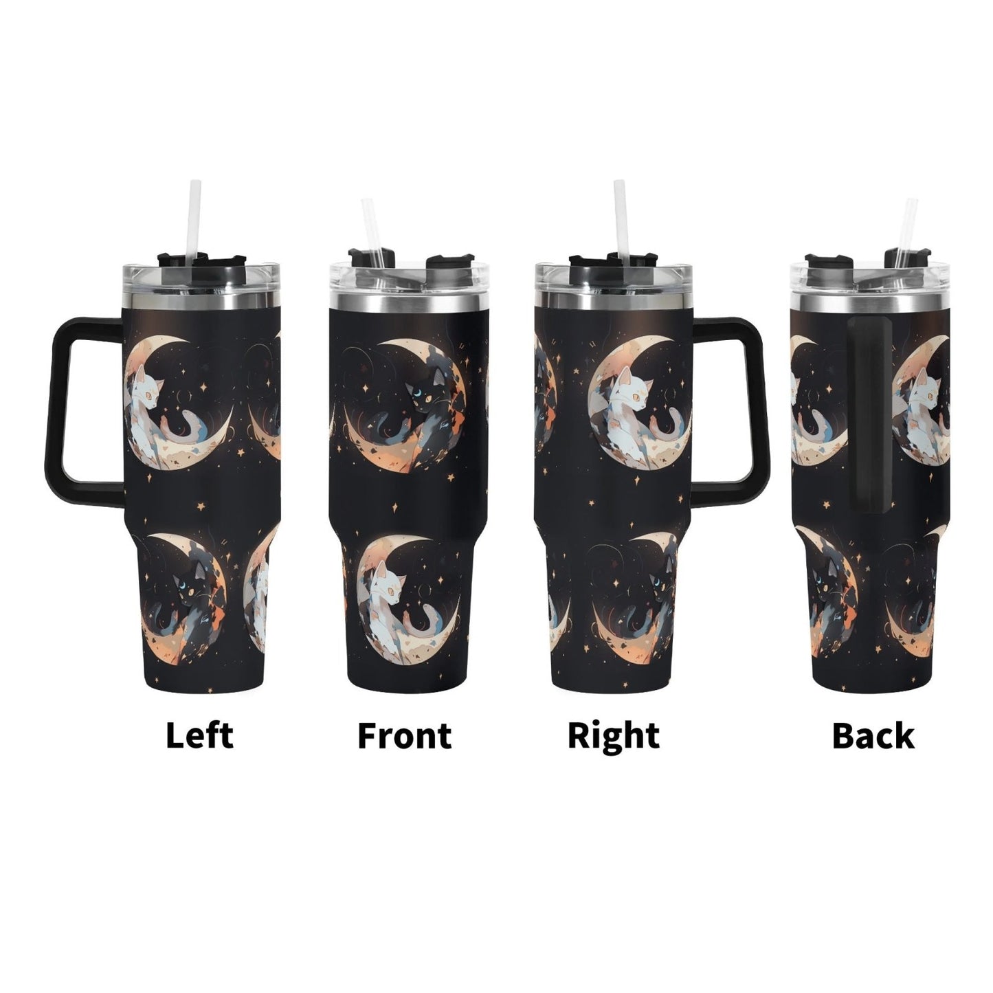 Black White Moon Cat 40oz Stainless Steel Tumbler - sense forest