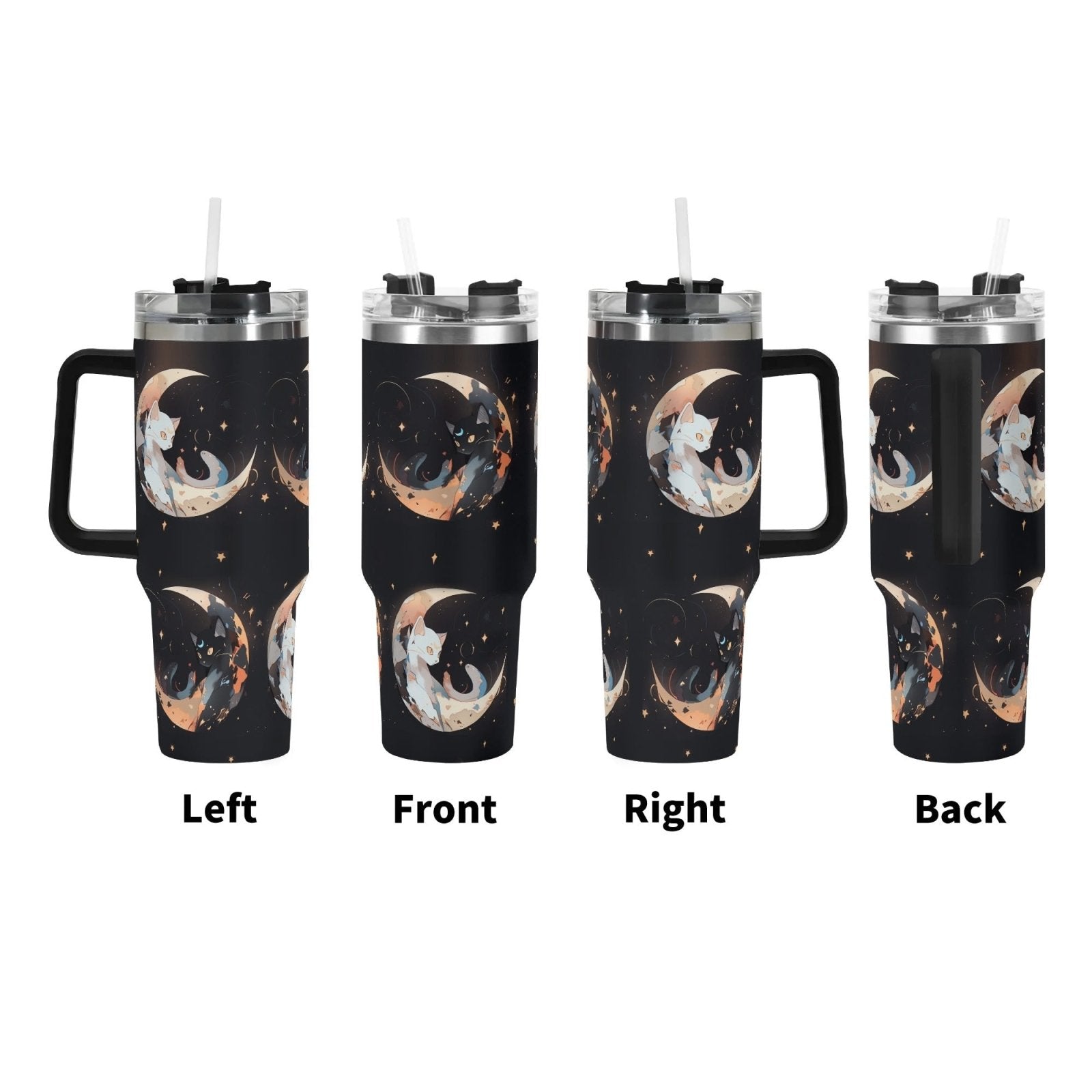 Black White Moon Cat 40oz Stainless Steel Tumbler - sense forest