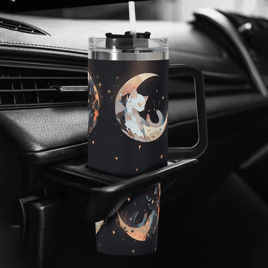 Black White Moon Cat 40oz Stainless Steel Tumbler - sense forest