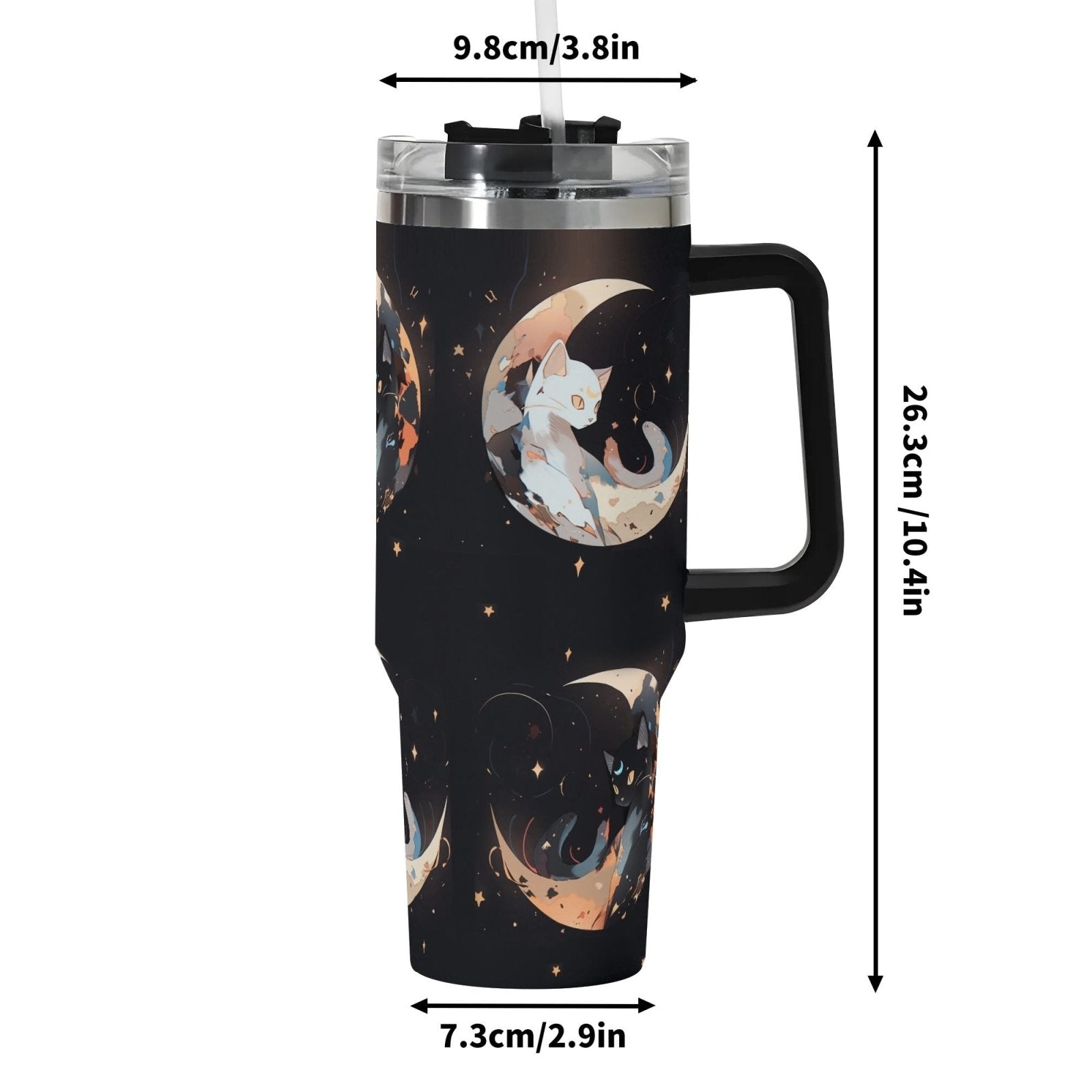 Black White Moon Cat 40oz Stainless Steel Tumbler - sense forest