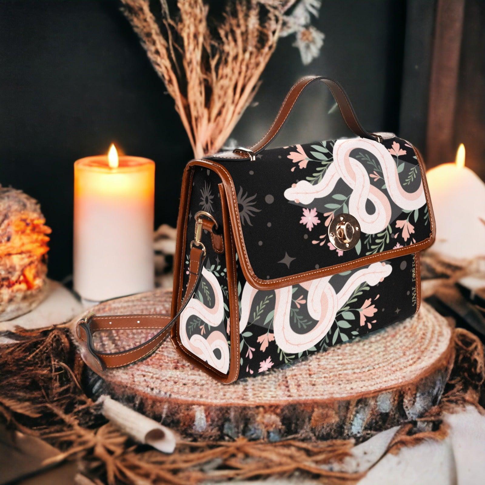 Boho Floral Snake Witchy Canvas Satchel Bag - sense forest