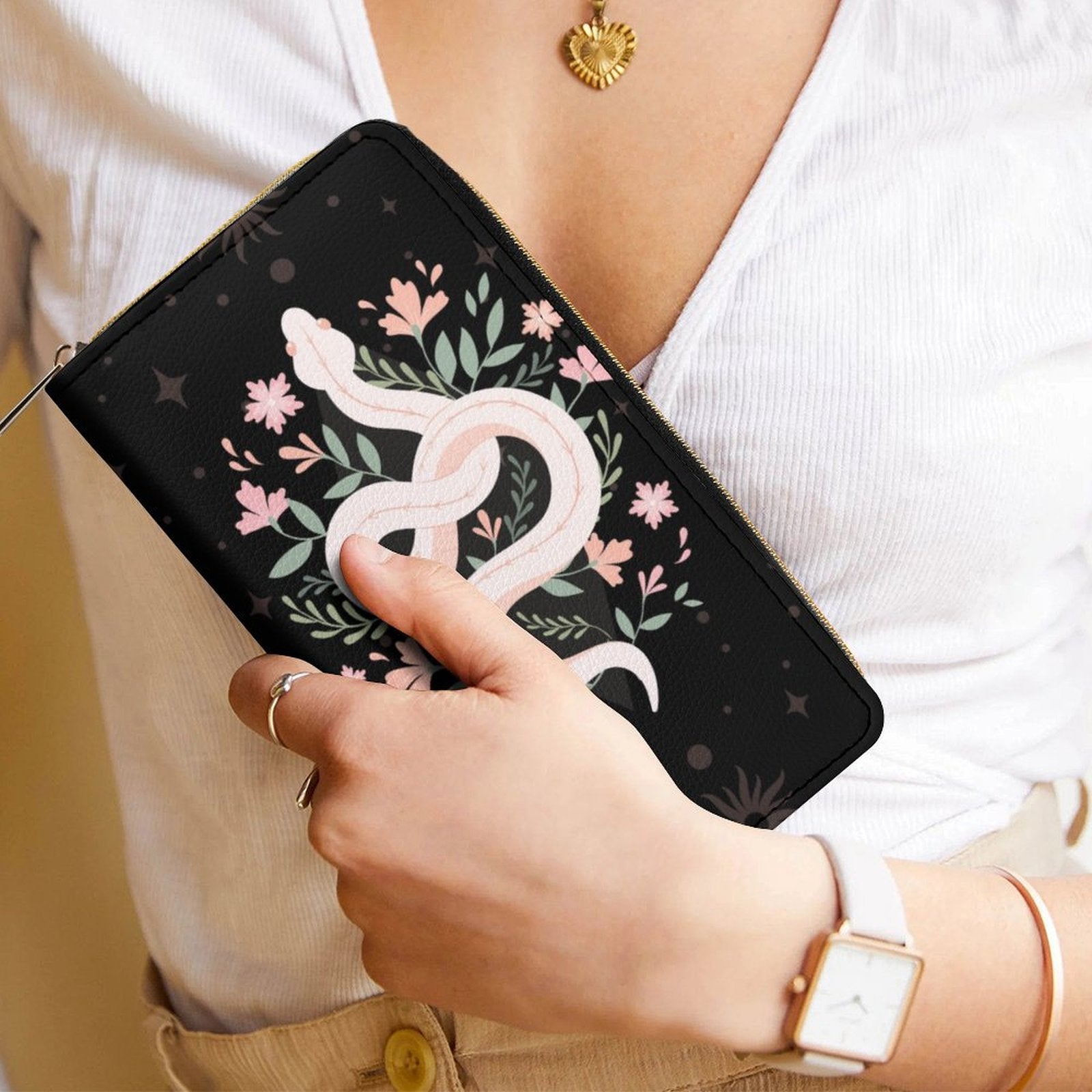 Boho Floral Witchy Snake Clutch Wallet - sense forest