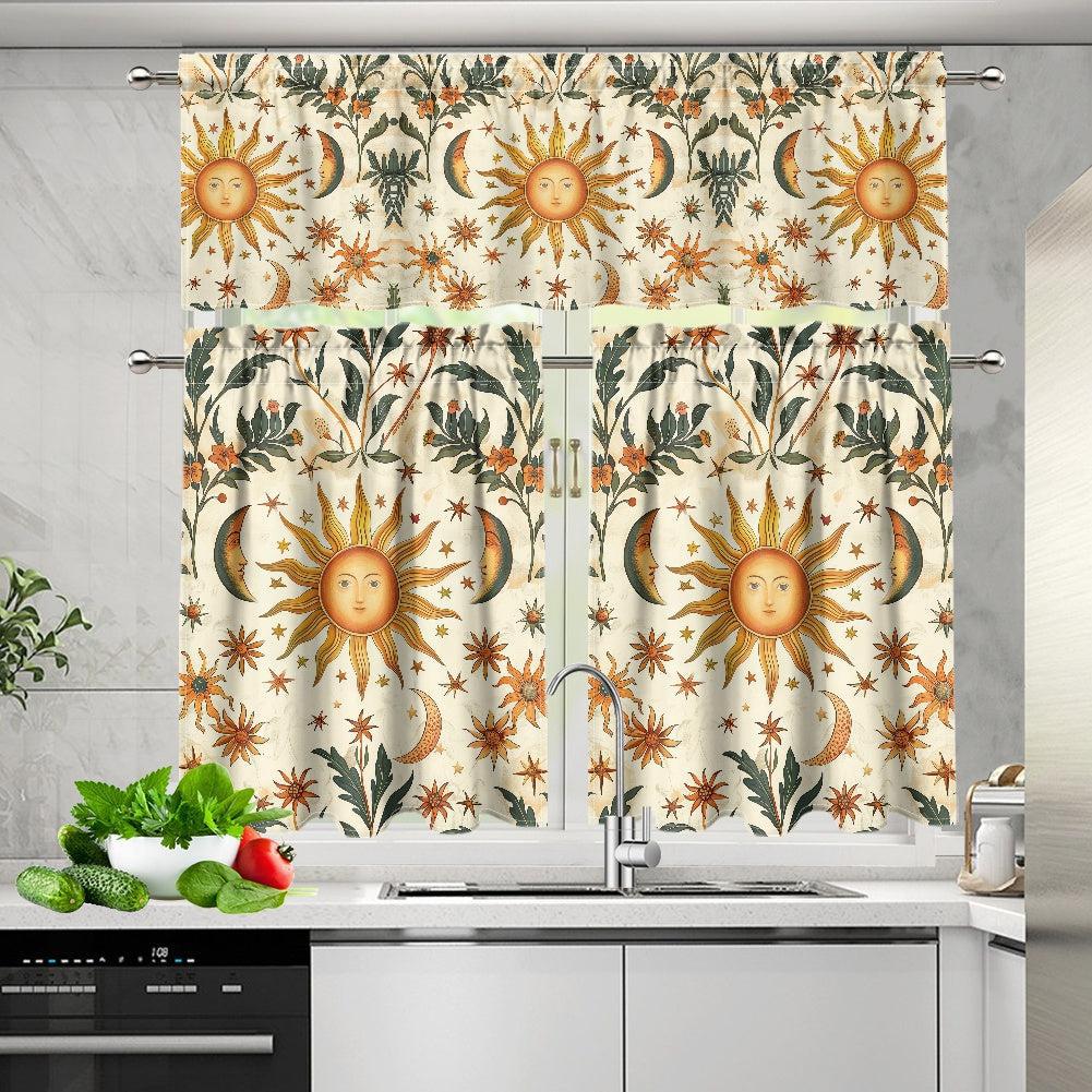 Boho Sun moon stars Kitchen Curtain Valance and Tiers Set | Sense Forest - sense forest