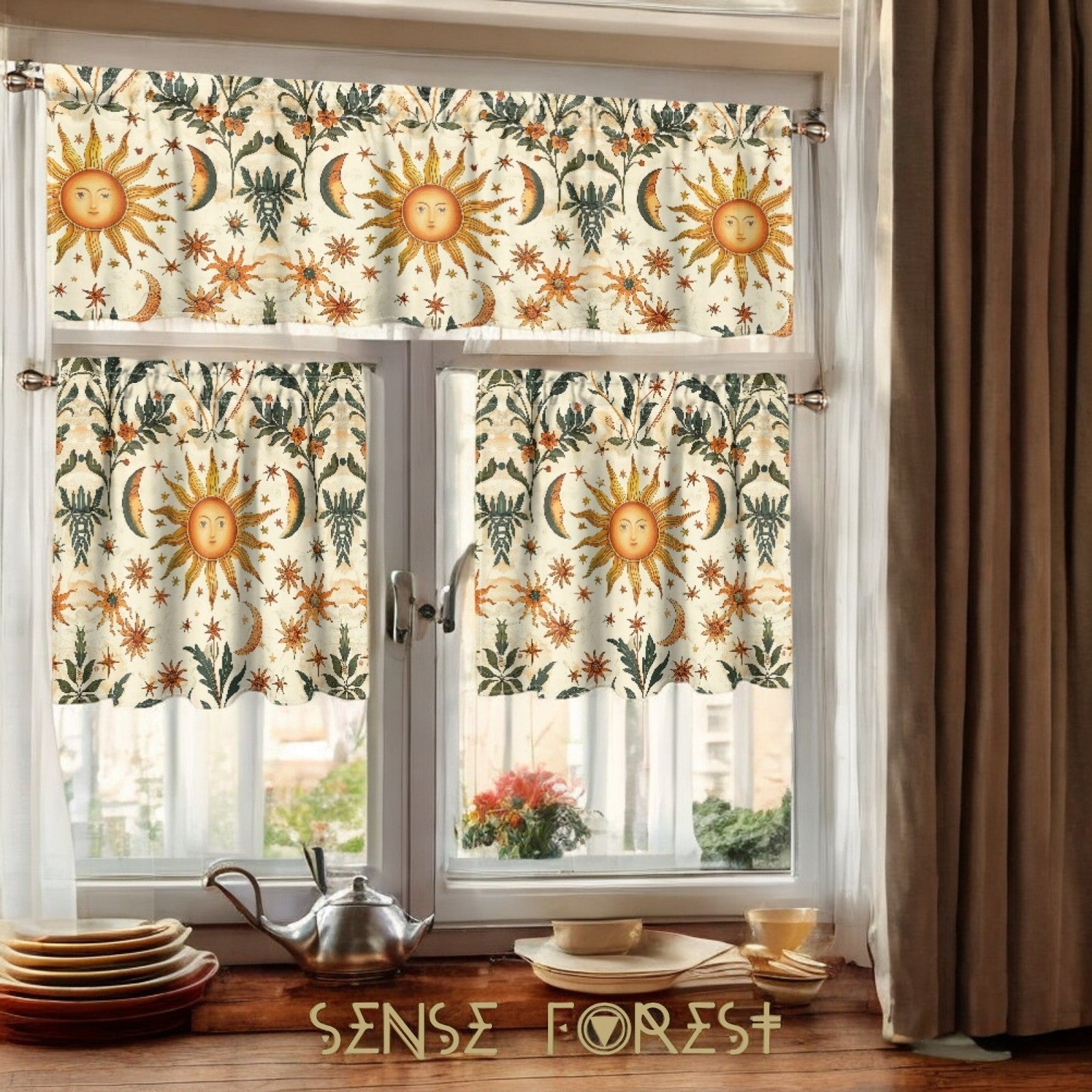 Boho Sun moon stars Kitchen Curtain Valance and Tiers Set | Sense Forest - sense forest