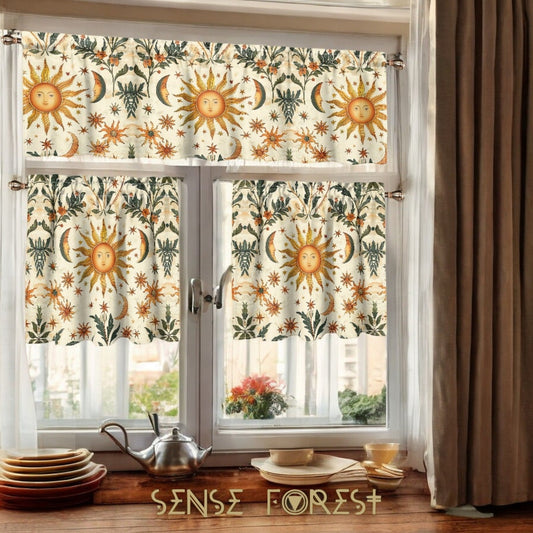 Boho Sun moon stars Kitchen Curtain Valance and Tiers Set | Sense Forest - sense forest