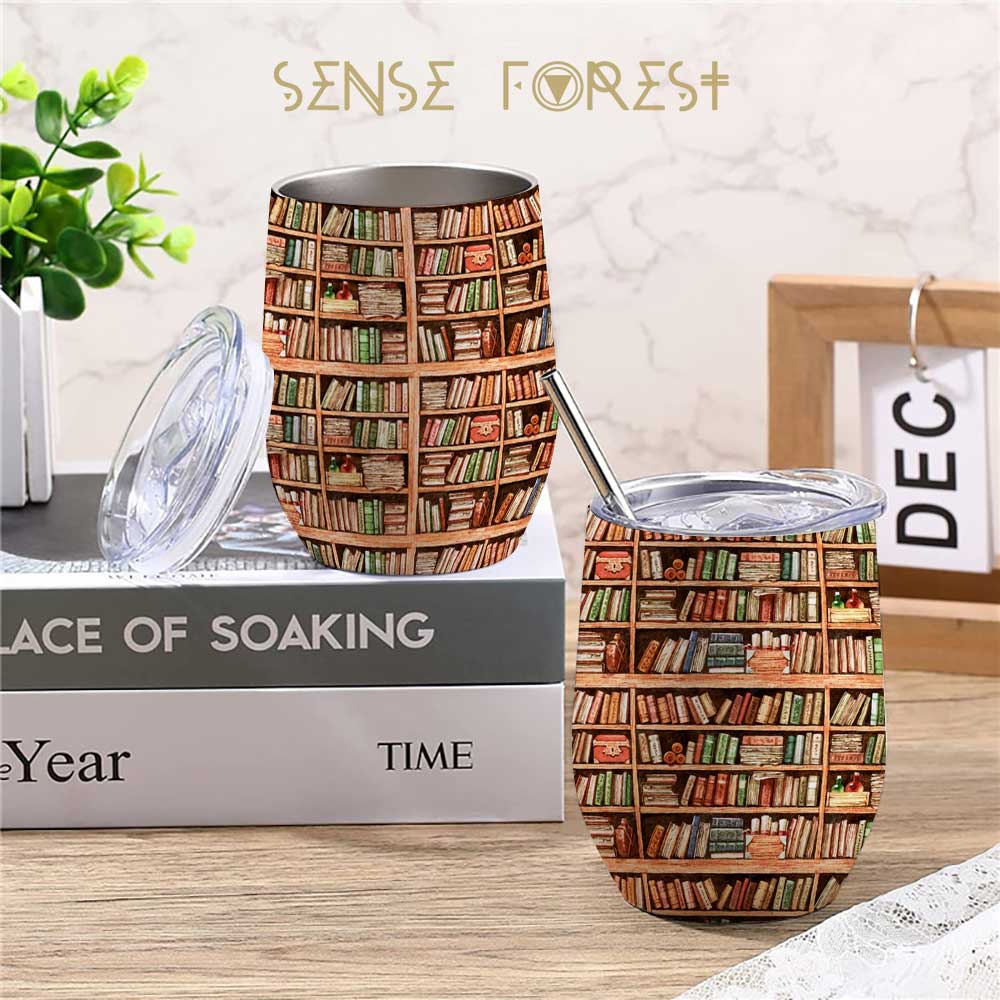 Book lovers Bookshelf 12oz Stainless Steel Insulated Wine Tumbler | Sense Forest - sense forest