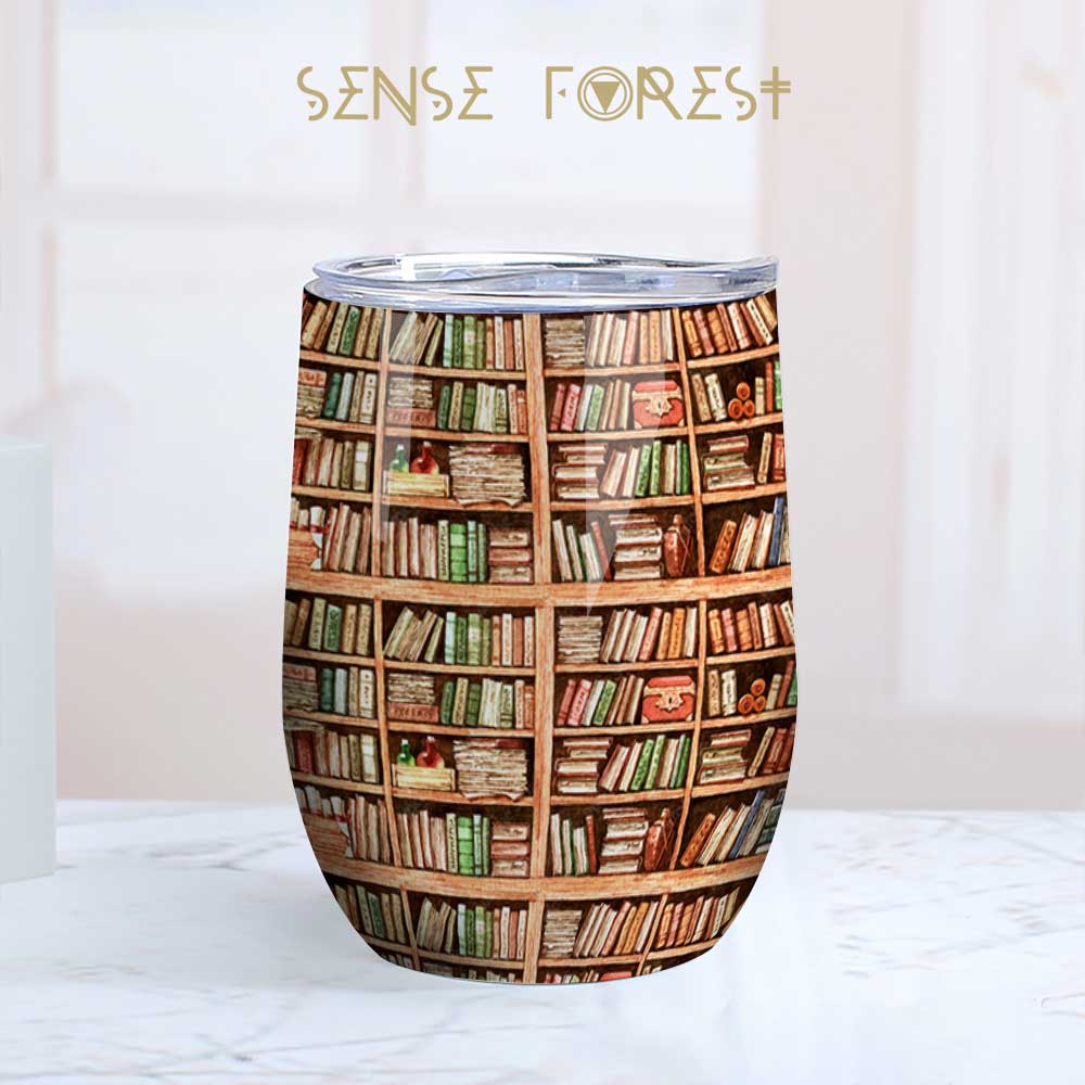 Book lovers Bookshelf 12oz Stainless Steel Insulated Wine Tumbler | Sense Forest - sense forest