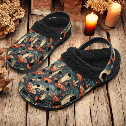 Cottagecore Amanita red mushroom woodland slippers fur lined Clogs - sense forest
