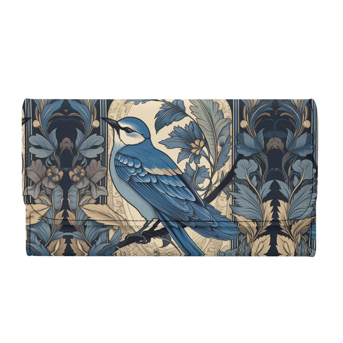 Cottagecore Forest Blue Jay Trifold Leather Clutch Long Wallet - sense forest