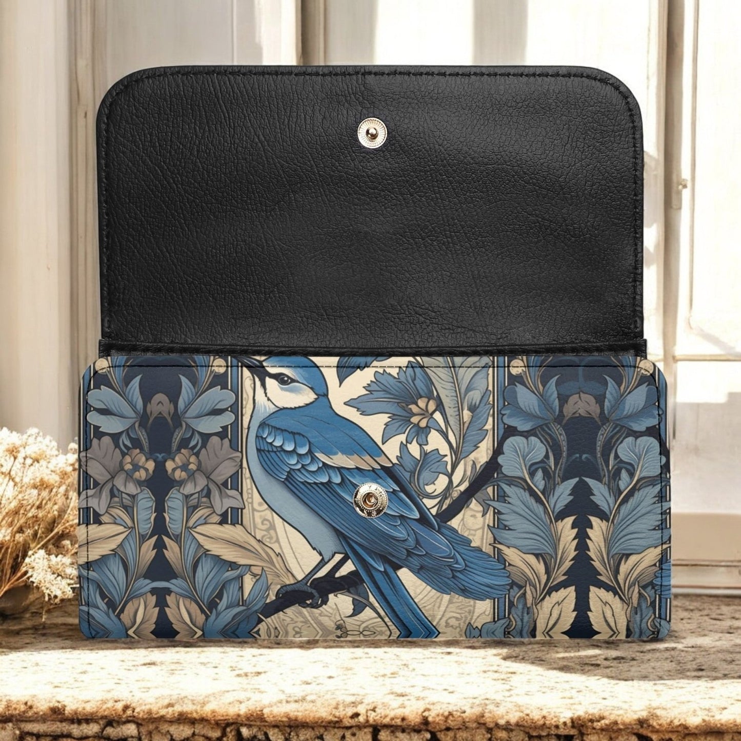 Cottagecore Forest Blue Jay Trifold Leather Clutch Long Wallet - sense forest