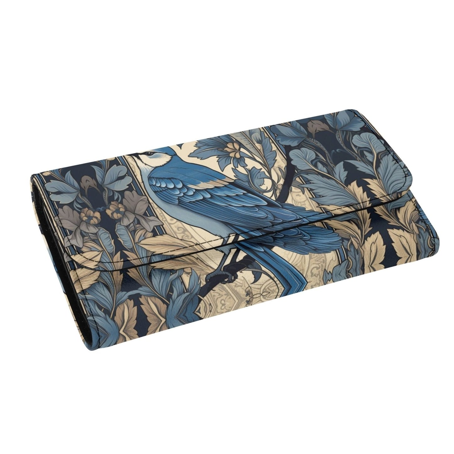 Cottagecore Forest Blue Jay Trifold Leather Clutch Long Wallet - sense forest