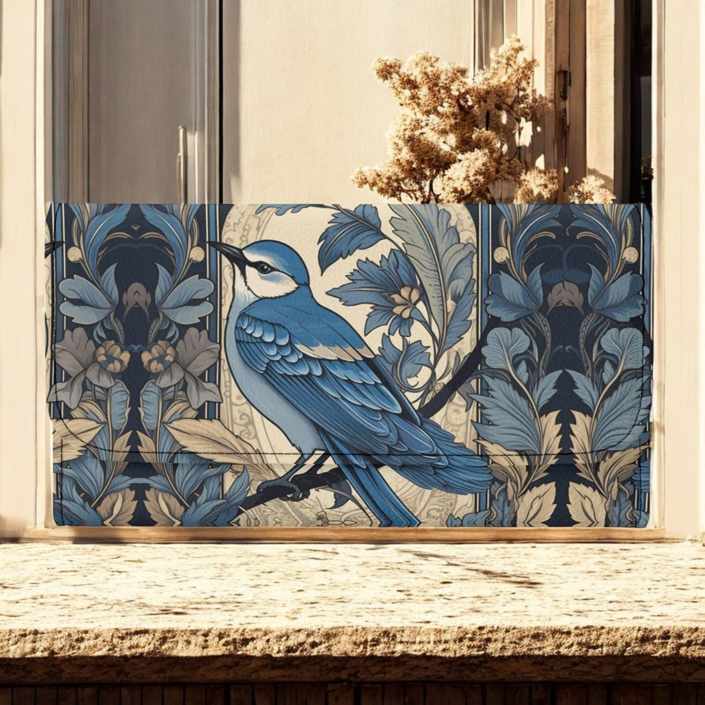 Cottagecore Forest Blue Jay Trifold Leather Clutch Long Wallet - sense forest