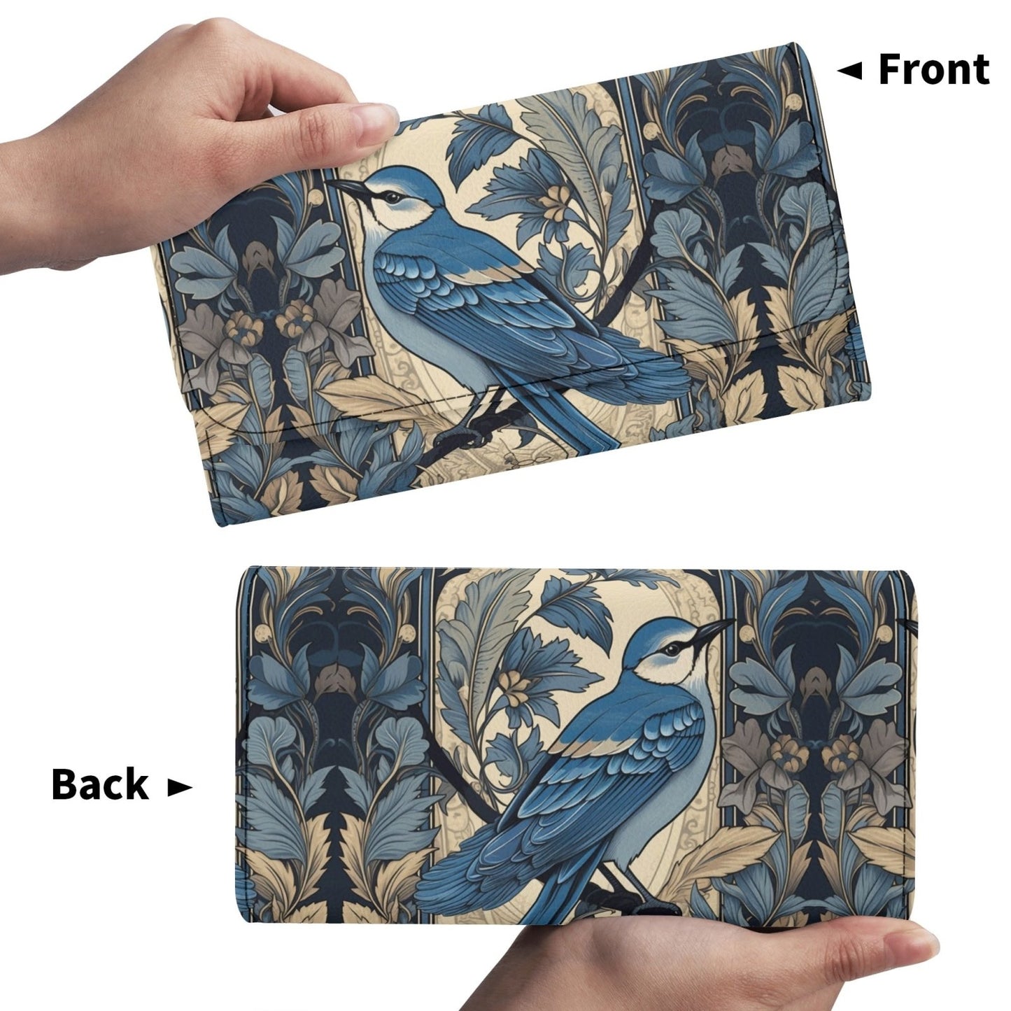 Cottagecore Forest Blue Jay Trifold Leather Clutch Long Wallet - sense forest