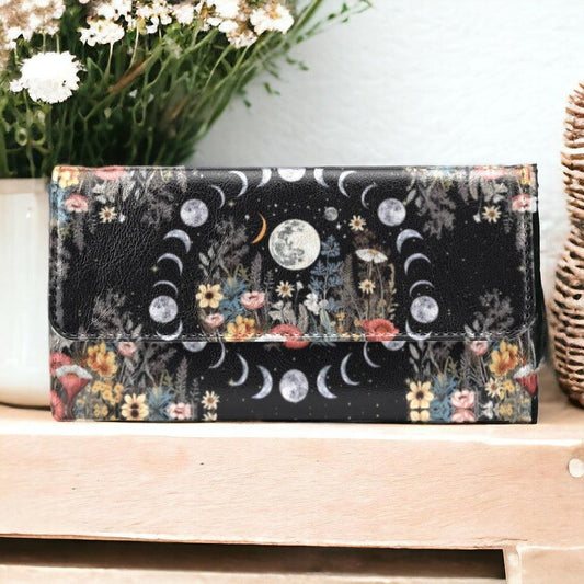 Cottagecore Moon cycle wildflowers Trifold Leather Clutch Long Wallet | Sense Forest - sense forest