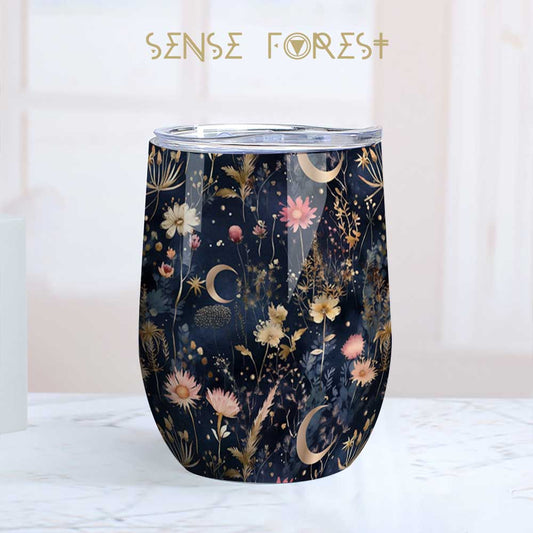 Cottagecore moon wildflowers 12oz Stainless Steel Insulated Wine Tumbler | Sense Forest - sense forest