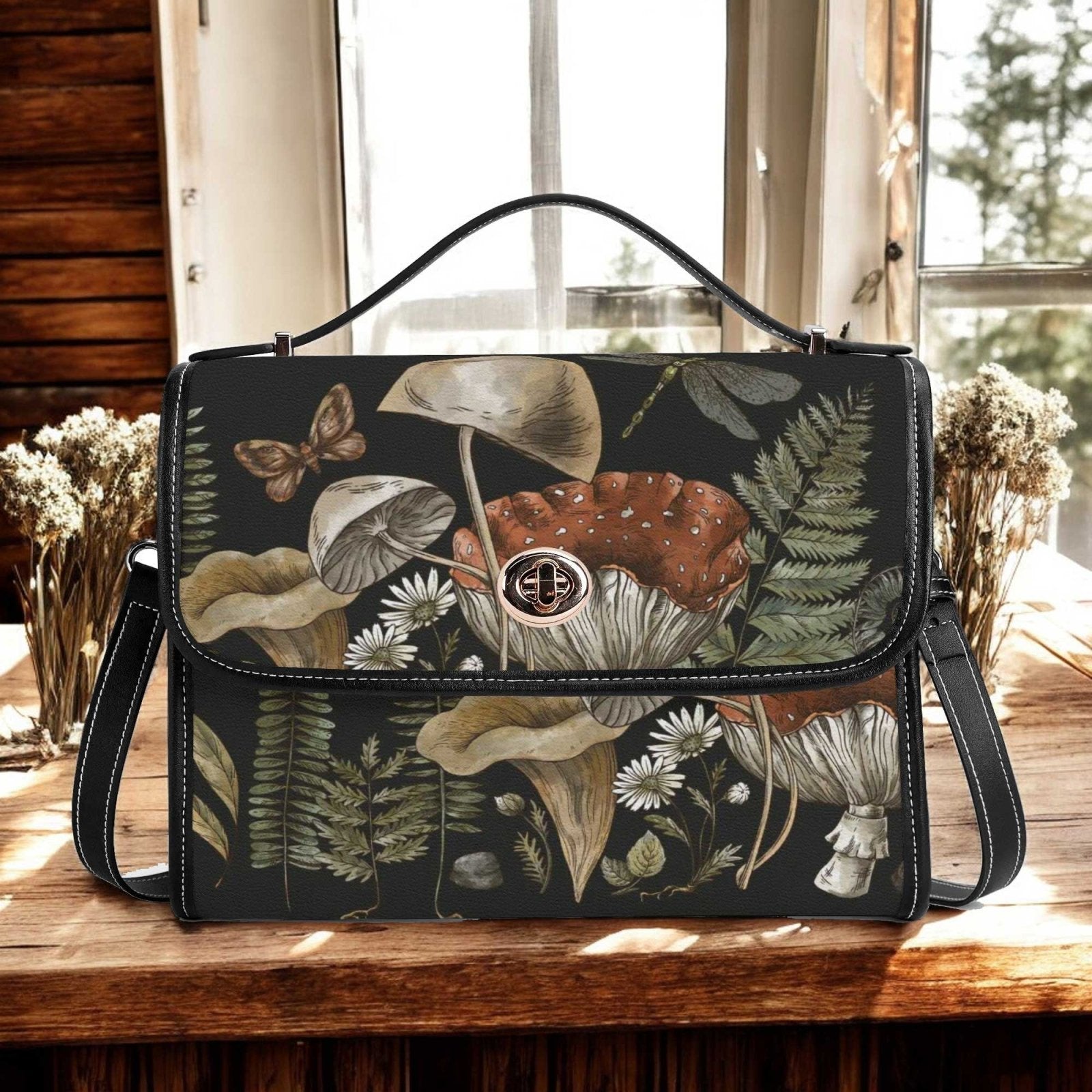 Cottagecore Mushroom Fern Forest Vegan Leather Satchel Bag - sense forest