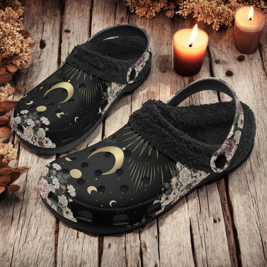 Cottagecore Pale rose moon phase Dark boho Slippers fur lined Clogs - sense forest