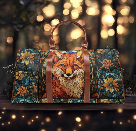 Cottagecore Vintage stained glass Fox art Waterproof Travel Bag, Witchy floral nature duffle bag with shoulder strap vegan leather handles - sense forest