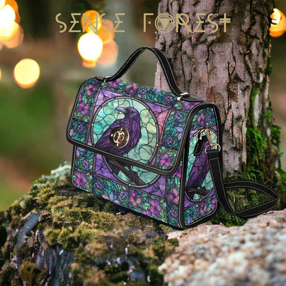 Stained Glass Crow Medieval Goth Canvas Satchel Bag| Sense Forest
