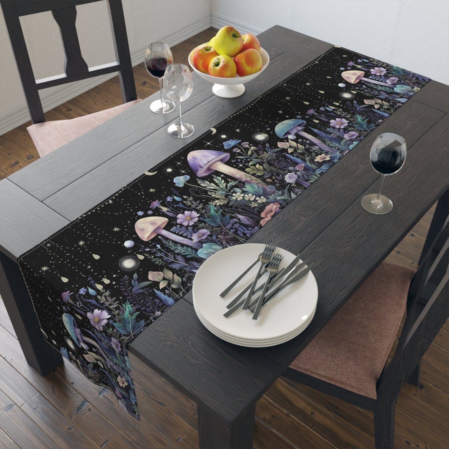 Dark Boho Purple mushroom forest dinner table runner cloth - sense forest