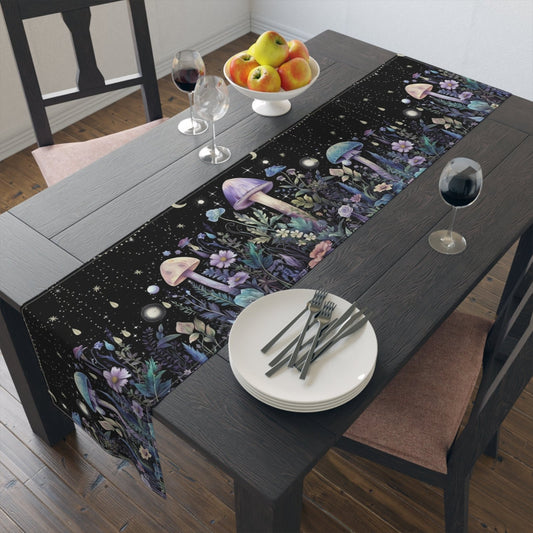 Dark Boho Purple mushroom forest dinner table runner cloth - sense forest