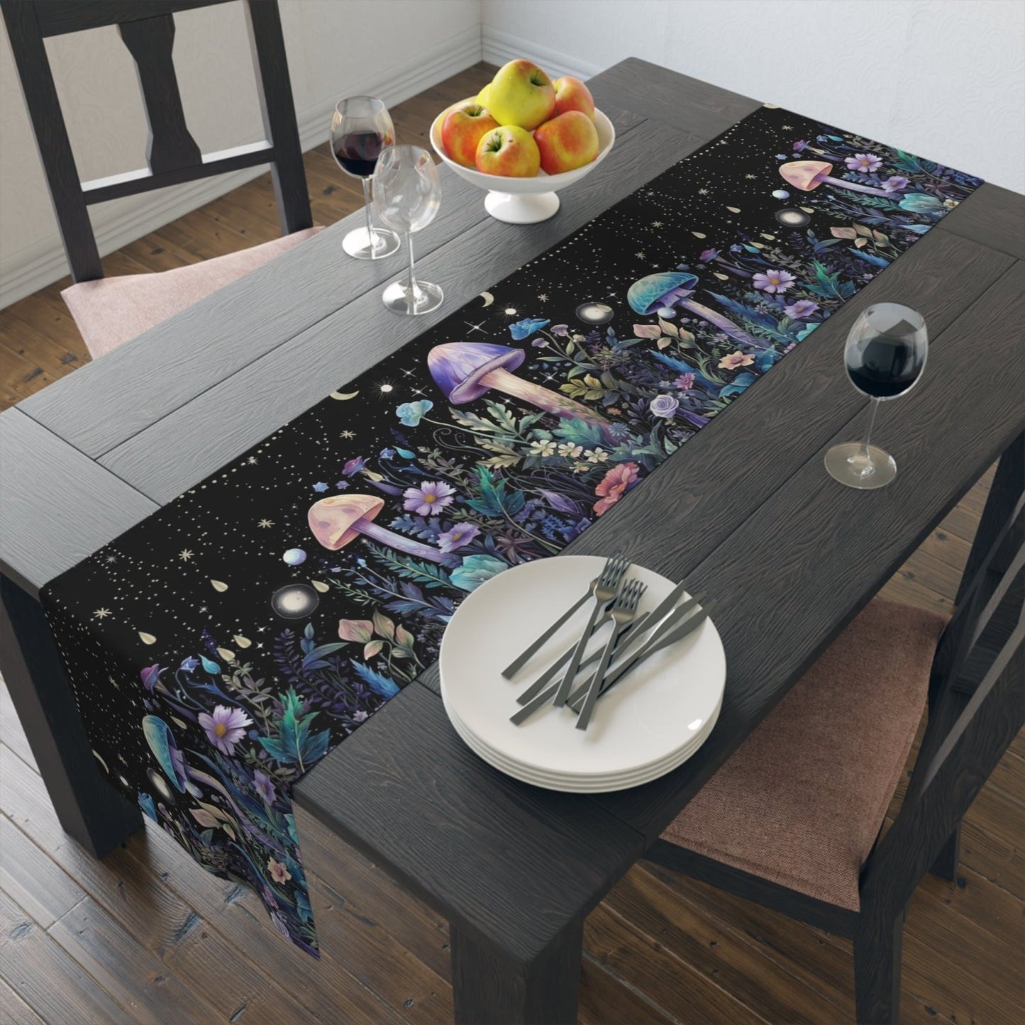 Dark Boho Purple mushroom forest dinner table runner cloth - sense forest