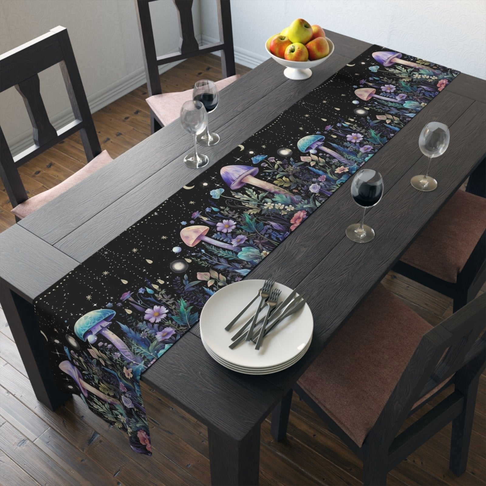 Dark Boho Purple mushroom forest dinner table runner cloth - sense forest