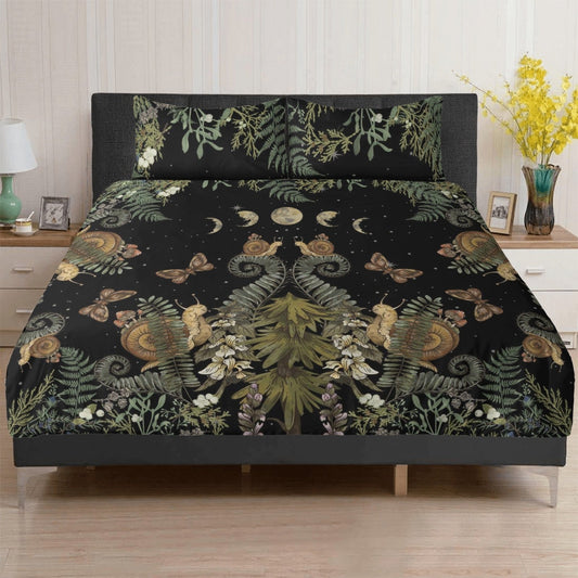 Dark Cottagecore Bedding Set – Fern, Snail & Moon Phases (3pcs) - sense forest