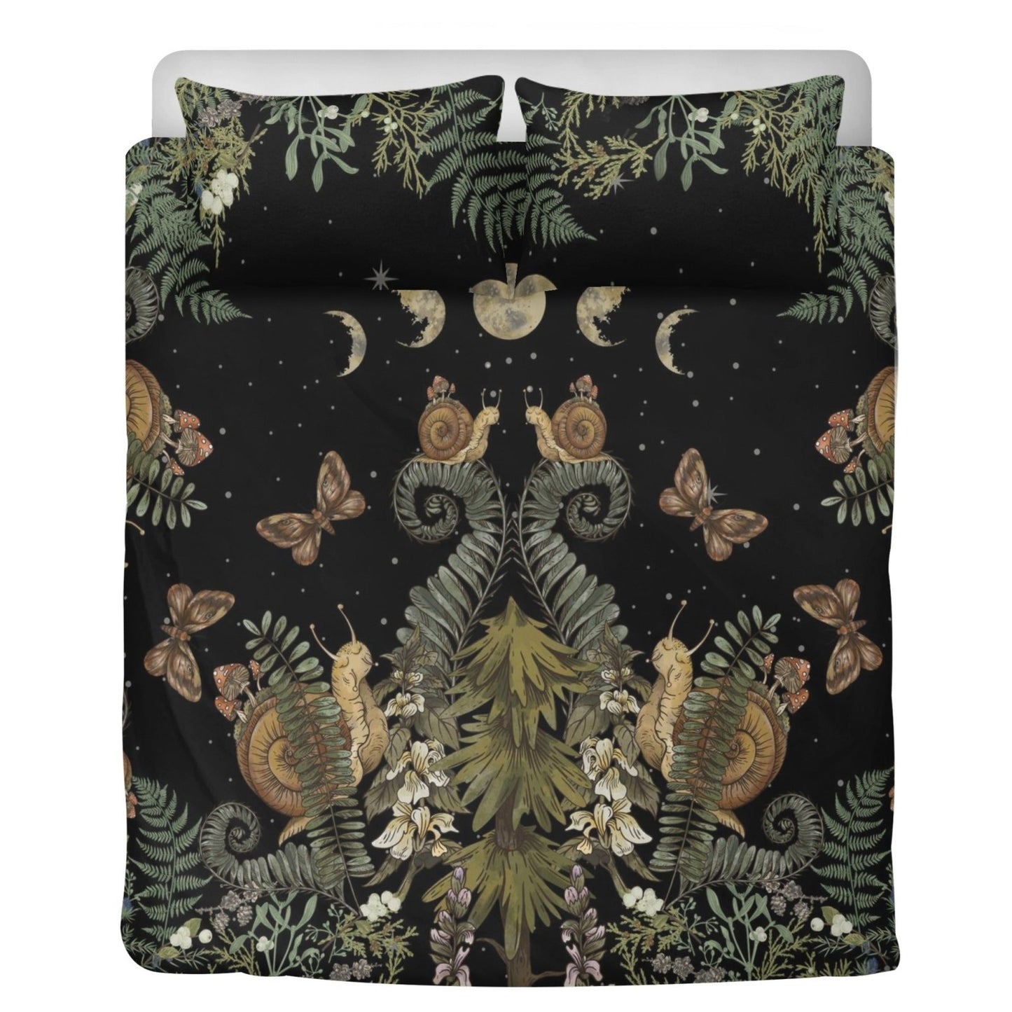 Dark Cottagecore Bedding Set – Fern, Snail & Moon Phases (3pcs) - sense forest