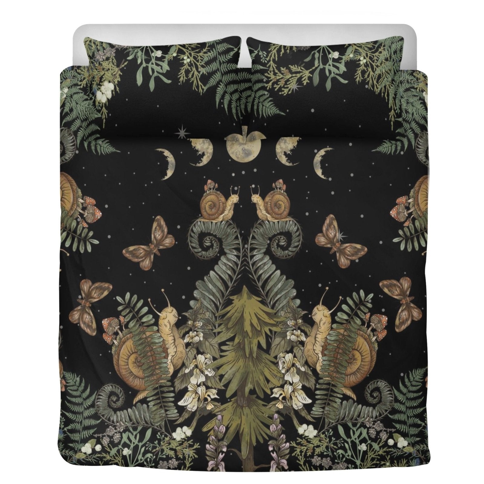 Dark Cottagecore Bedding Set – Fern, Snail & Moon Phases (3pcs) - sense forest