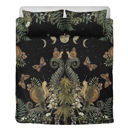 Dark Cottagecore Bedding Set – Fern, Snail & Moon Phases (3pcs) - sense forest