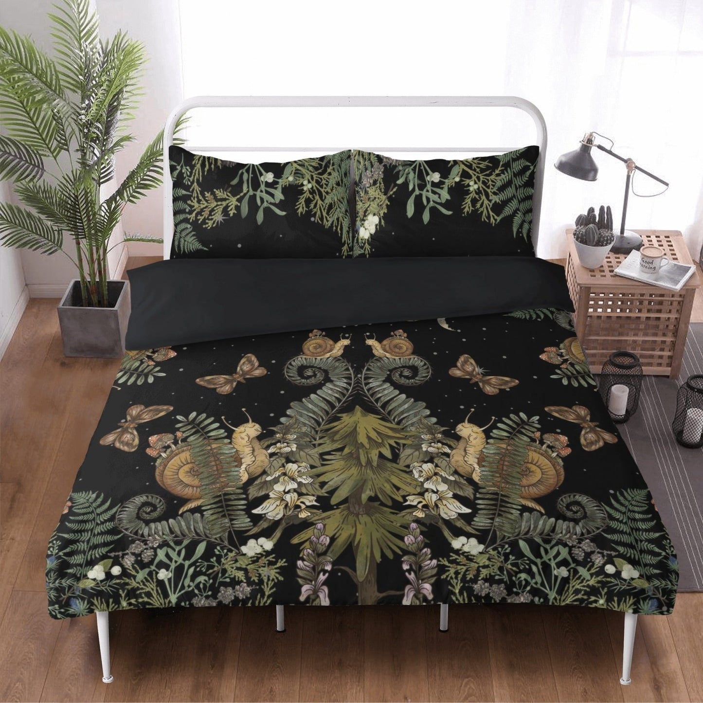 Dark Cottagecore Bedding Set – Fern, Snail & Moon Phases (3pcs) - sense forest