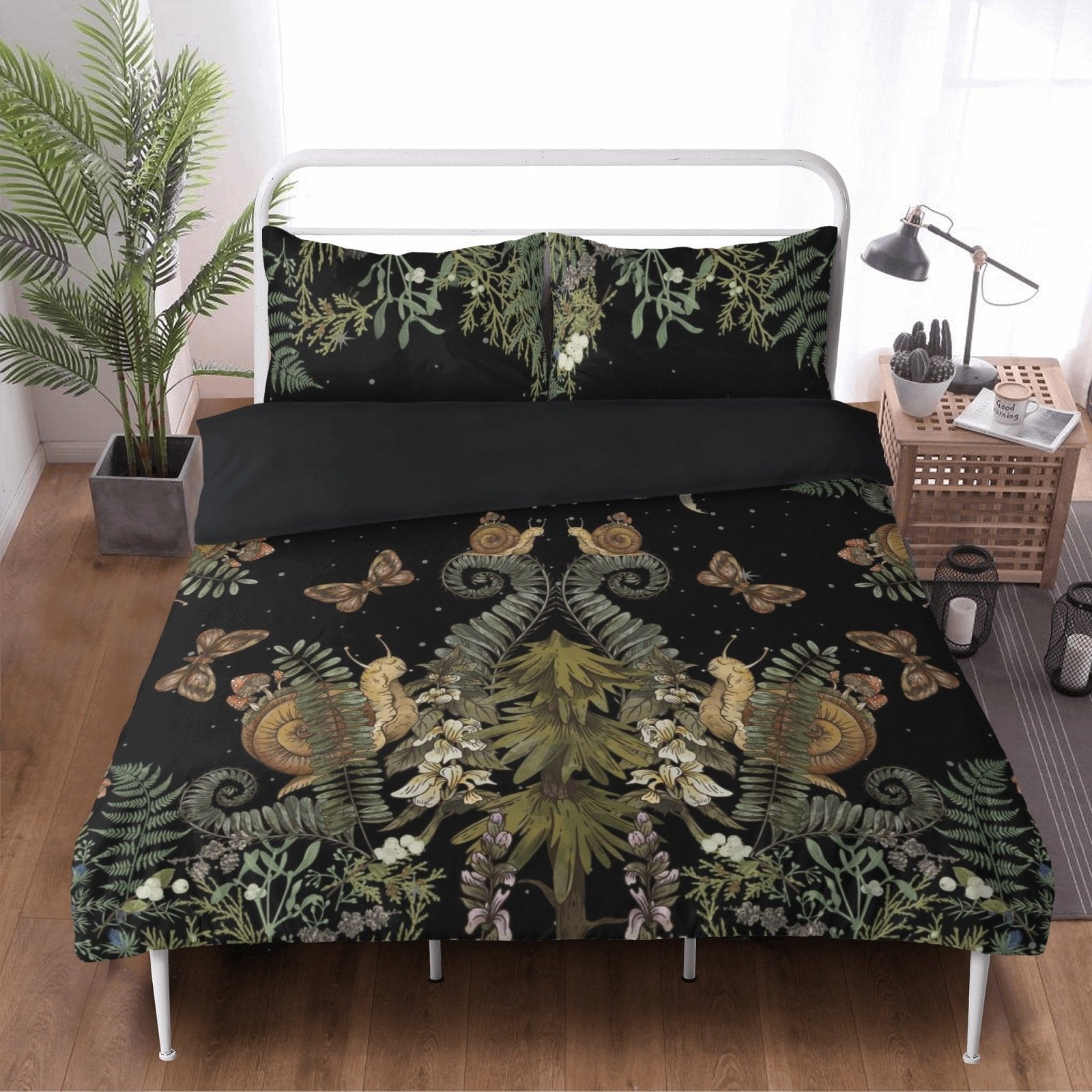 Dark Cottagecore Bedding Set – Fern, Snail & Moon Phases (3pcs) - sense forest