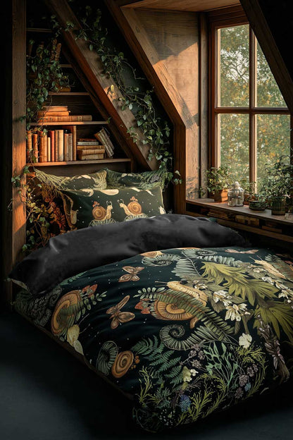 Dark Cottagecore Bedding Set – Fern, Snail & Moon Phases (3pcs) - sense forest