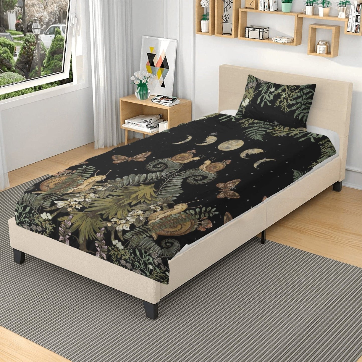 Dark Cottagecore Bedding Set – Fern, Snail & Moon Phases (3pcs) - sense forest