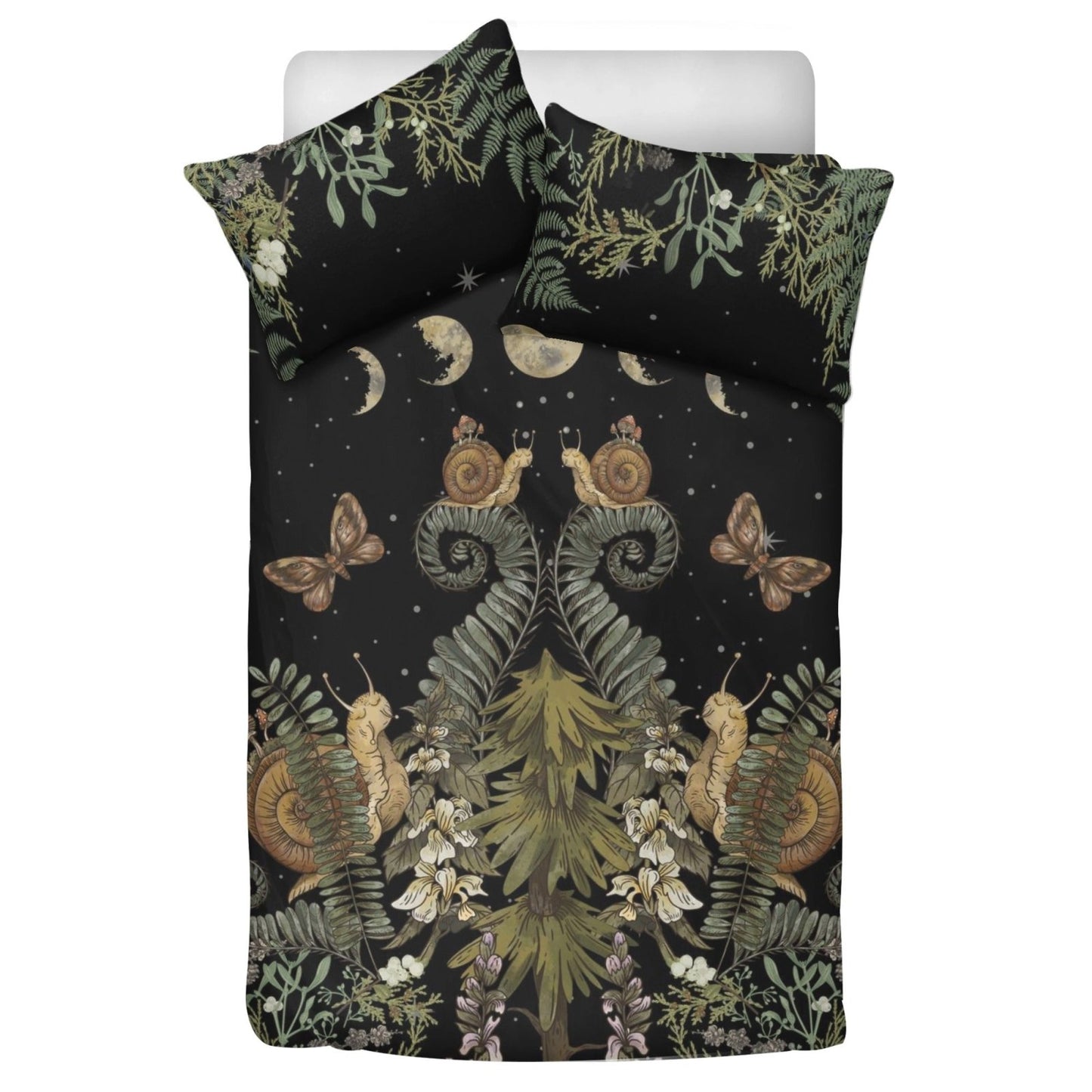 Dark Cottagecore Bedding Set – Fern, Snail & Moon Phases (3pcs) - sense forest