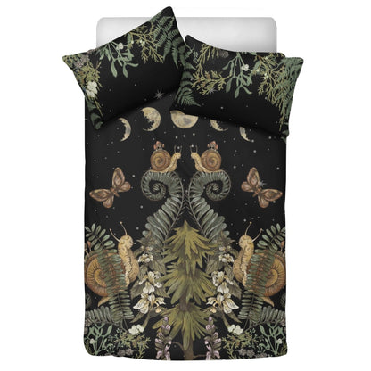 Dark Cottagecore Bedding Set – Fern, Snail & Moon Phases (3pcs) - sense forest