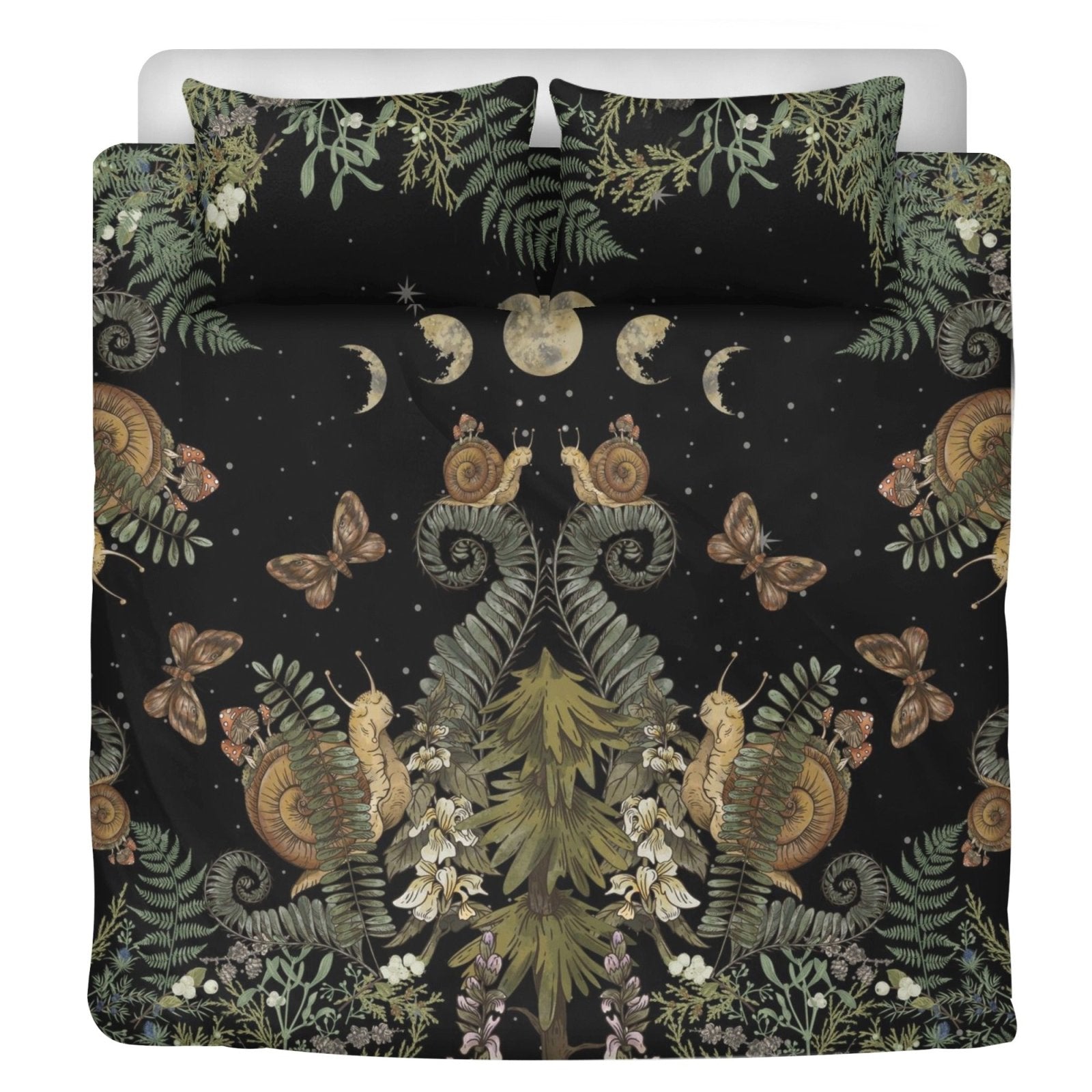 Dark Cottagecore Bedding Set – Fern, Snail & Moon Phases (3pcs) - sense forest
