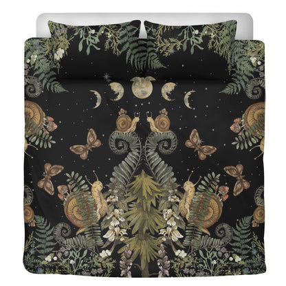 Dark Cottagecore Bedding Set – Fern, Snail & Moon Phases (3pcs) - sense forest