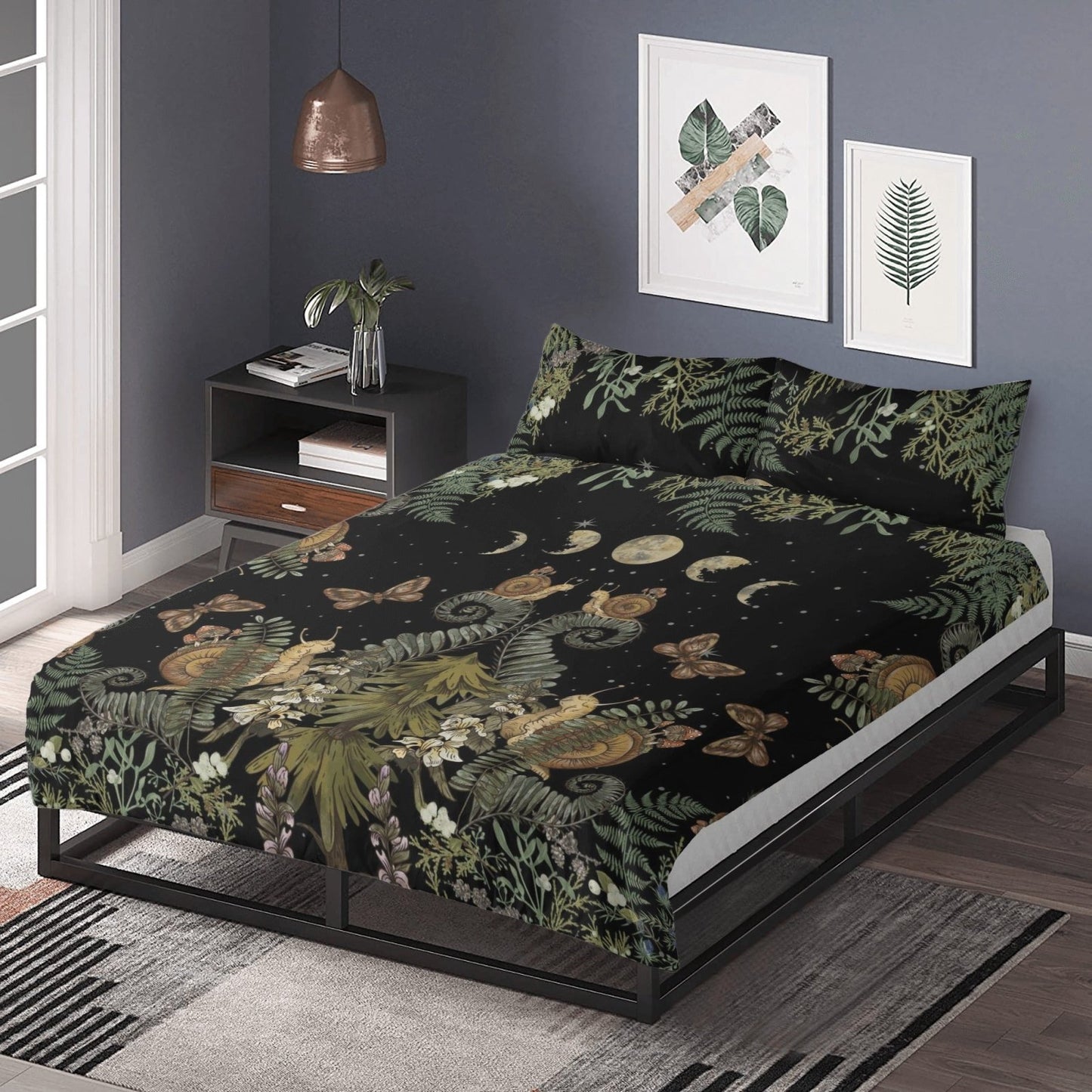 Dark Cottagecore Bedding Set – Fern, Snail & Moon Phases (3pcs) - sense forest