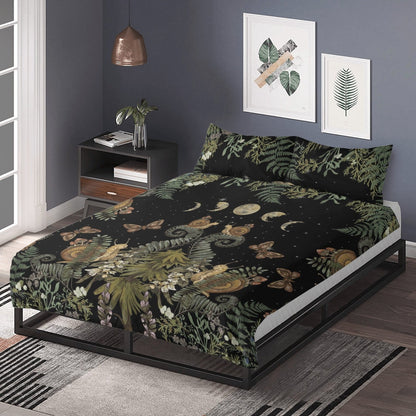 Dark Cottagecore Bedding Set – Fern, Snail & Moon Phases (3pcs) - sense forest