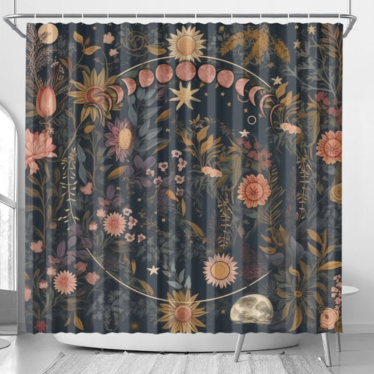 Dark Cottagecore Botanical Sun Moon Star abundant Shower Curtain | Sense Forest - sense forest