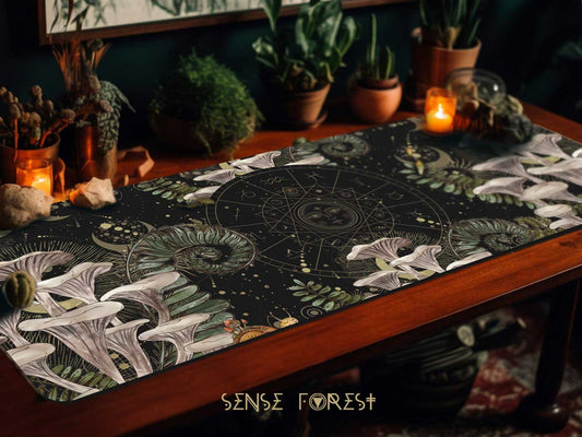 Dark Cottagecore desk mat, Witchy mushroom gaming mousepad, Forest extended mousepad, gamer desk setup, tarot mat, Green with altar decor - sense forest
