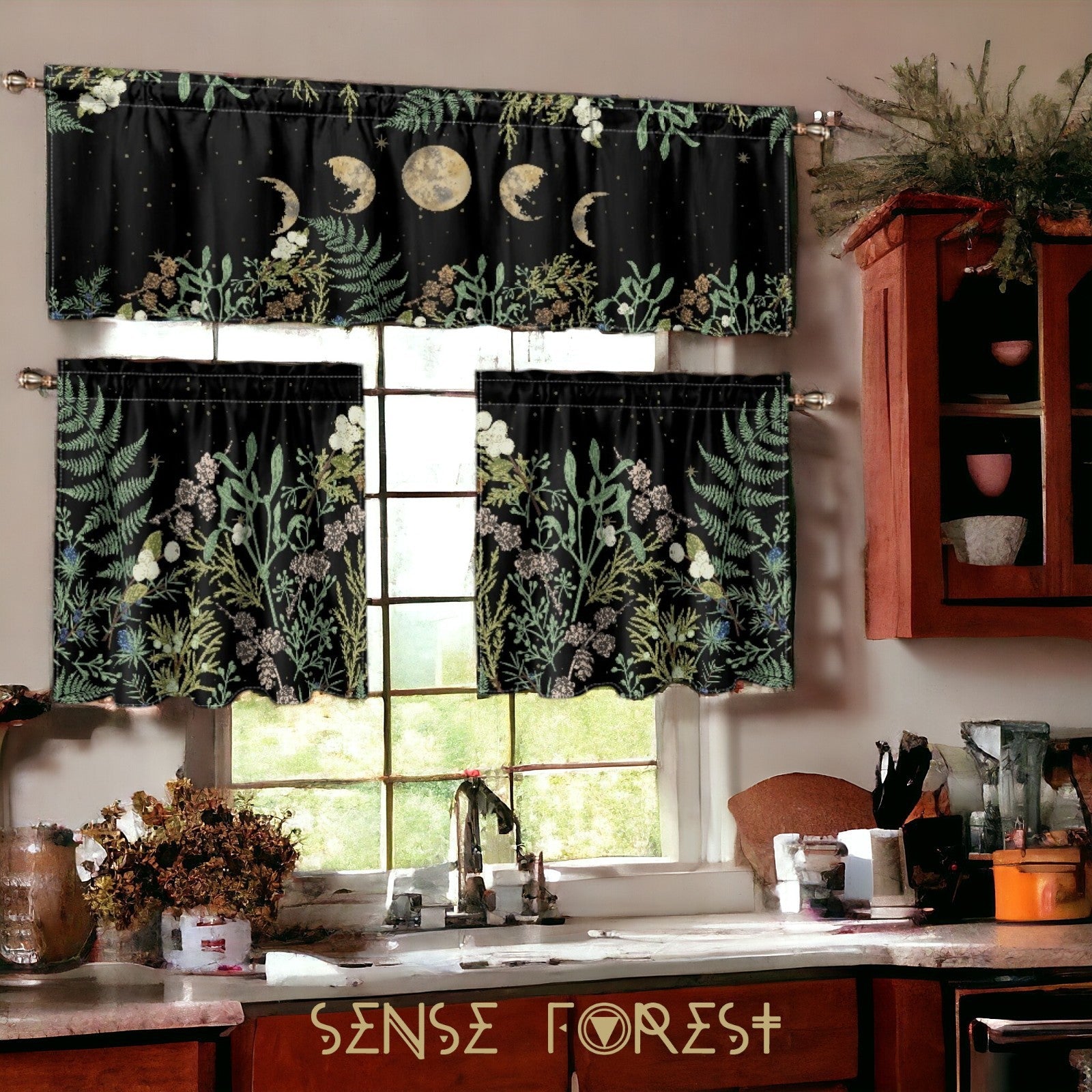 Dark Cottagecore Fern forest Kitchen Curtain Valance Tiers Set | Sense Forest - sense forest