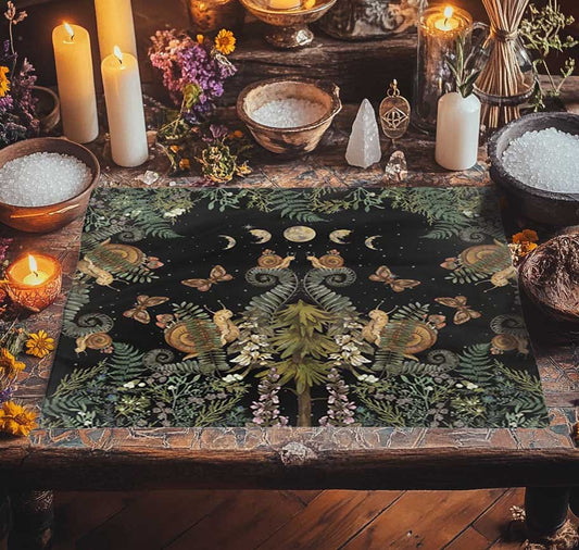 Dark Cottagecore Fern Snail Forest Moon phase Tarot Altar Cloth - sense forest